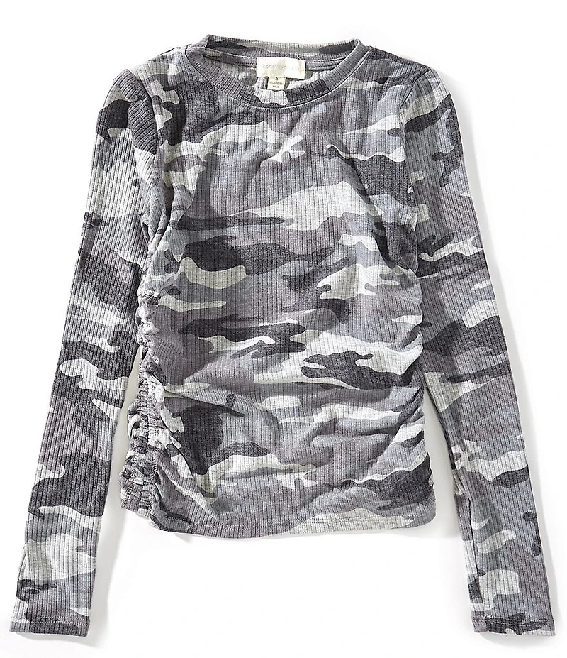 Honey & Sparkle Big Girls Side Cinch Ribbed Camo Long Sleeve Top