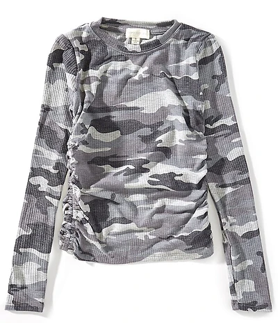 Honey & Sparkle Big Girls Side Cinch Ribbed Camo Long Sleeve Top