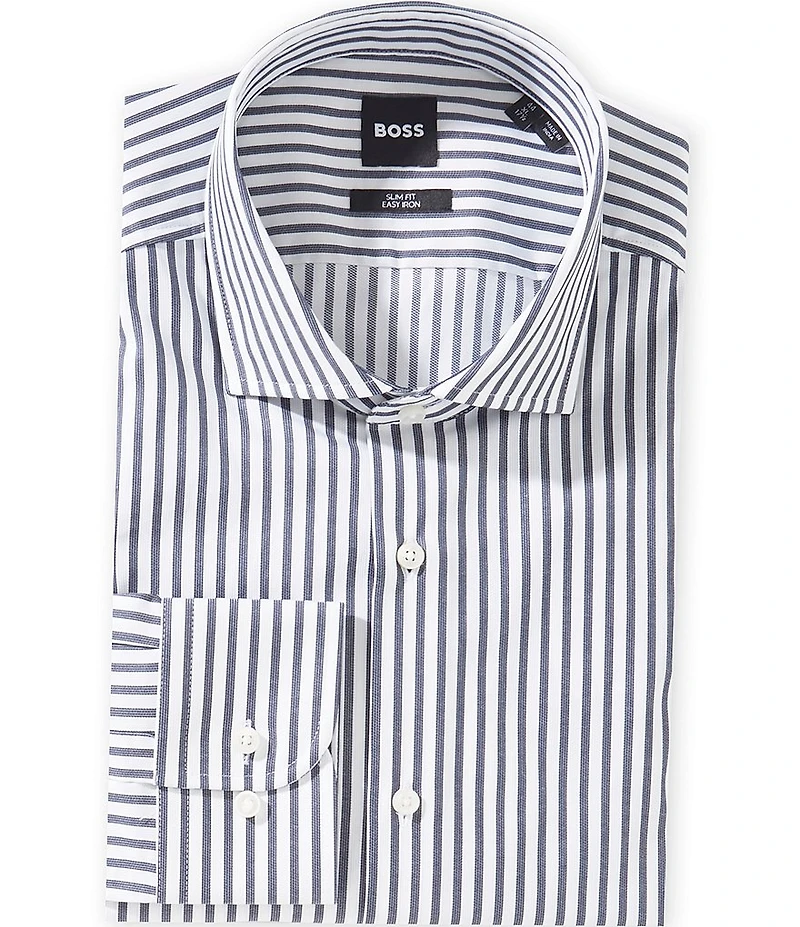 Hugo Boss Slim Fit Easy Iron Spread Collar Vertical Striped Dress Shirt