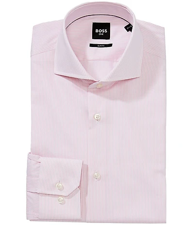 Hugo Boss Slim Fit Performance Spread Collar Vertical Stripe Dress Shirt