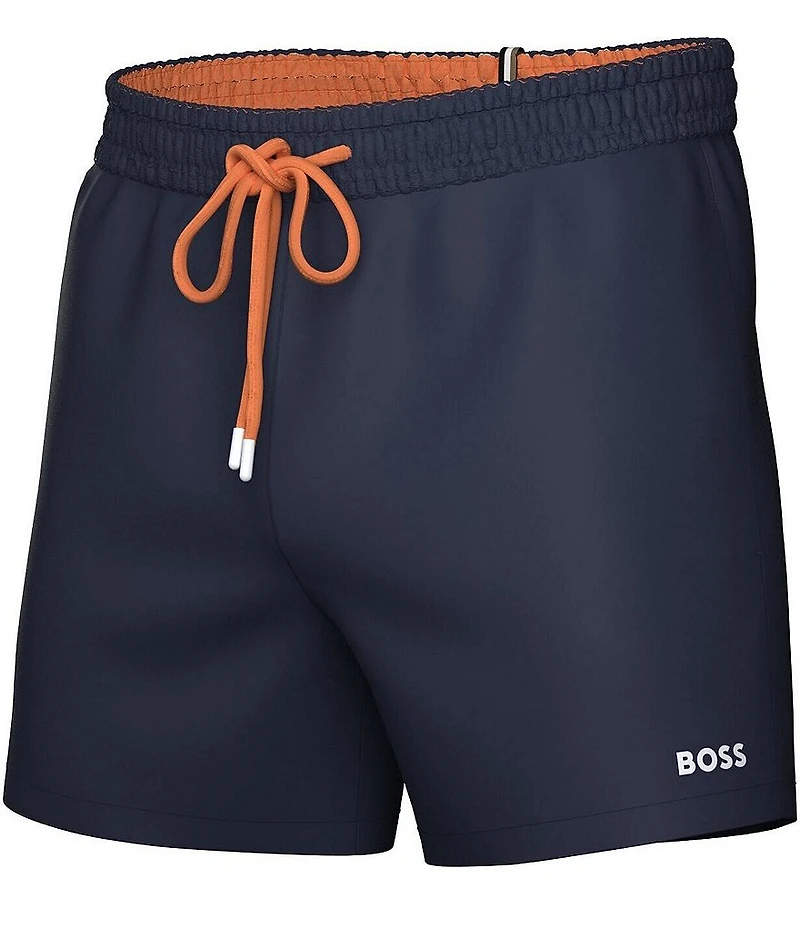 Hugo Boss Tio Navy 5.5#double; Inseam Drawstring Solid Graphic Logo Swim Trunks