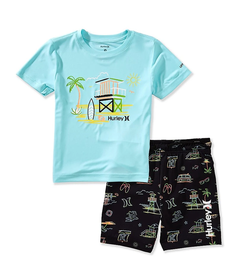 Hurley Little Boys Short Sleeve Lifeguard T-Shirt & Allover Printed Swim Shorts Set