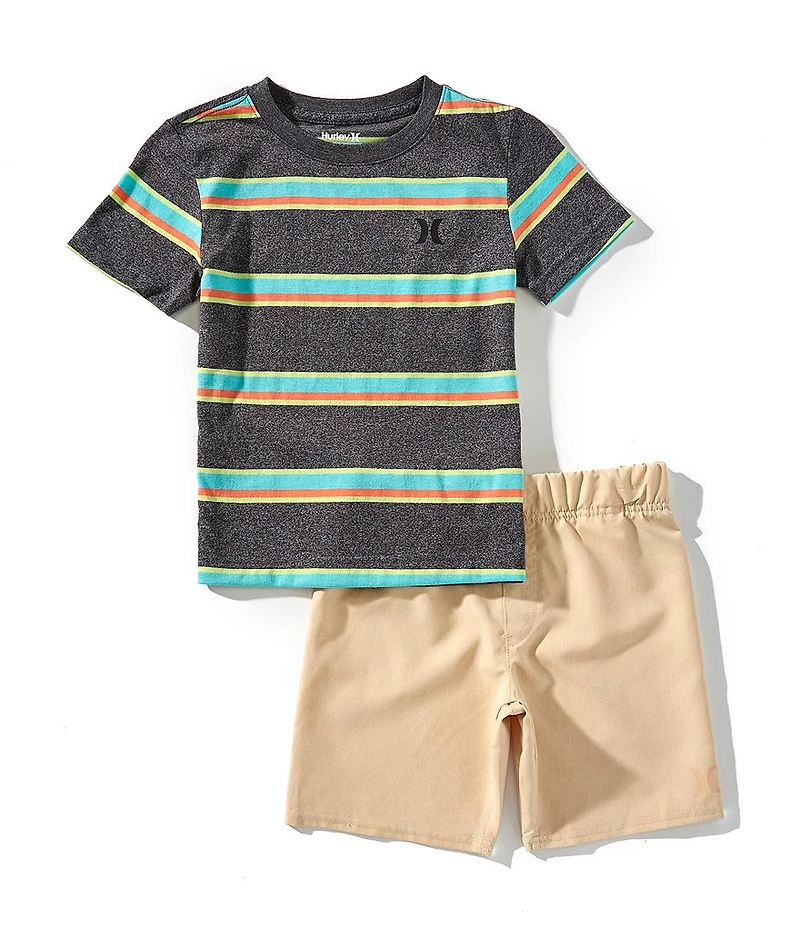 Hurley Little Boys Short-Sleeve Magu Striped Knit T-Shirt & Solid Woven Twill Shorts Set
