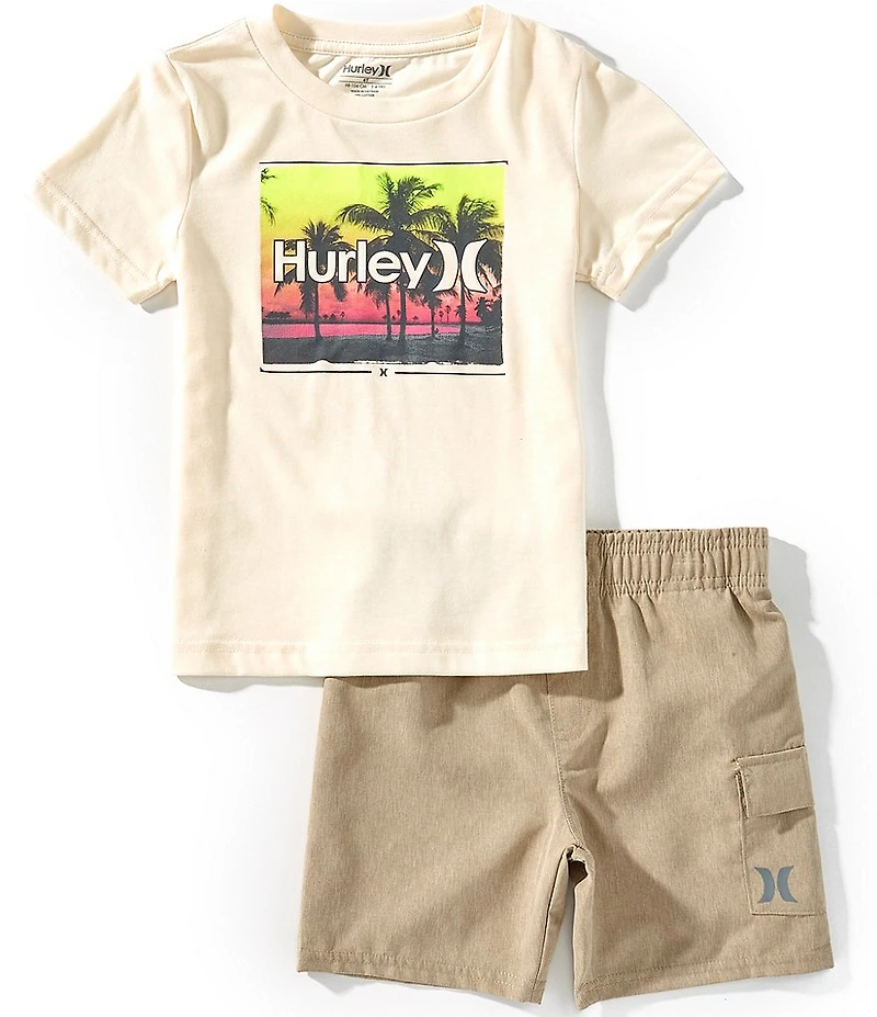 Hurley Little Boys Short-Sleeve Sunset Wordmark Logo T-Shirt & Solid Woven Twill Shorts Set