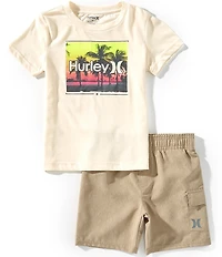 Hurley Little Boys Short-Sleeve Sunset Wordmark Logo T-Shirt & Solid Woven Twill Shorts Set