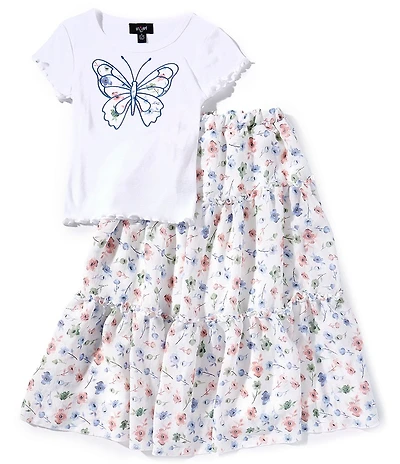 I.N. Girl Big Girls Butterfly Embroidered Top & Three-Tiered Maxi Skirt Set