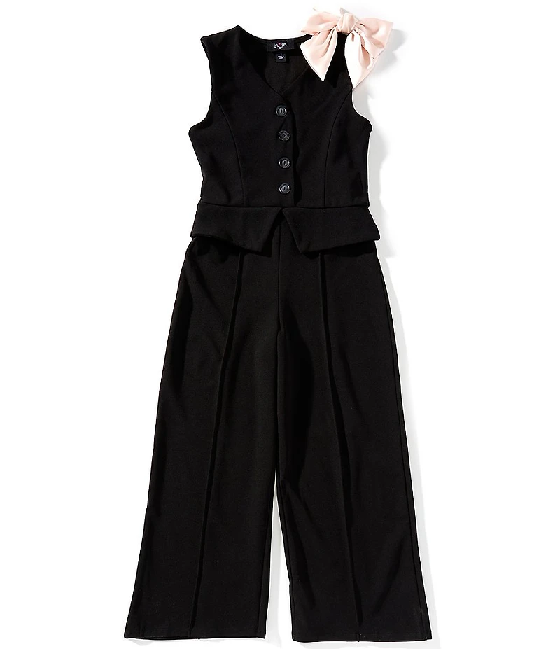 I.N. Girl Big Girls Button Front Sleeveless Vested Bow Clip Jumpsuit