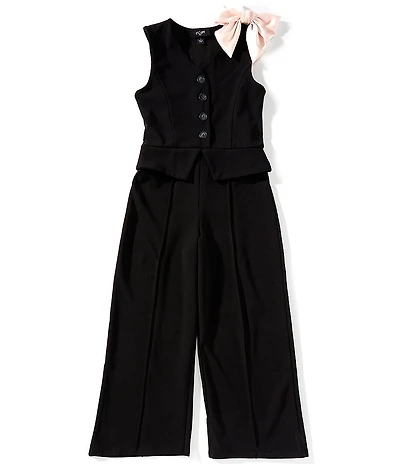 I.N. Girl Big Girls Button Front Sleeveless Vested Bow Clip Jumpsuit