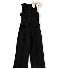I.N. Girl Big Girls Button Front Sleeveless Vested Bow Clip Jumpsuit