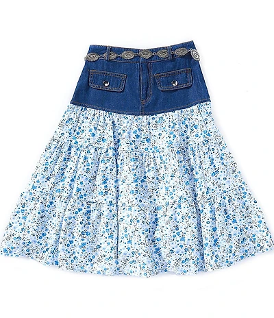 I.N. Girl Big Girls Denim Floral Print Patchwork Belted Midi Skirt