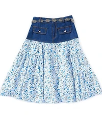 I.N. Girl Big Girls Denim Floral Print Patchwork Belted Midi Skirt