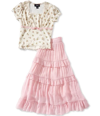 I.N. Girl Big Girls Short Sleeve Floral Printed Lace Trim Top & Solid Tiered Maxi Skirt Set
