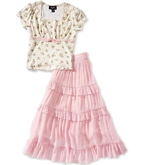 I.N. Girl Big Girls Short Sleeve Floral Printed Lace Trim Top & Solid Tiered Maxi Skirt Set