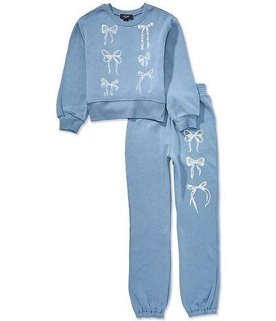 I.N. Girl Big Girls Long-Sleeve Bow-Printed High-Low-Hem Sweatshirt & Jogger Pants Set