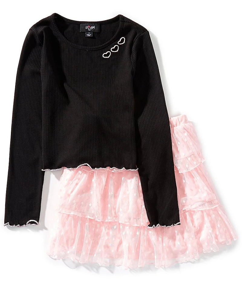 I.N. Girl Big Girls Long-Sleeve Heart-Shaped-Cutout Rib-Knit T-Shirt & Coordinating Three-Tier Skirt