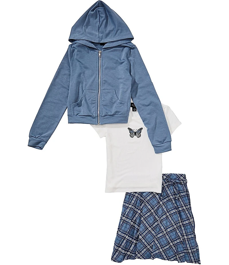 I.N. Girl Big Girls Long-Sleeve Hooded Jacket, Short-Sleeve Butterfly-Embroidered T-Shirt & Plaid Faux-Wrap Skirt Set