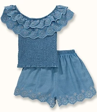 I.N. Girl Big Girls Off-The-Shoulder Embroidered Top & Matching Shorts Set