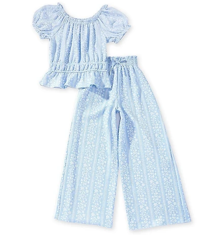 I.N. Girl Big Girls Puffed Sleeve Ditsy Floral & Striped Boatneck Top & Smocked Waist Pull-on Pants Set