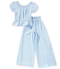 I.N. Girl Big Girls Puffed Sleeve Ditsy Floral & Striped Boatneck Top & Smocked Waist Pull-on Pants Set