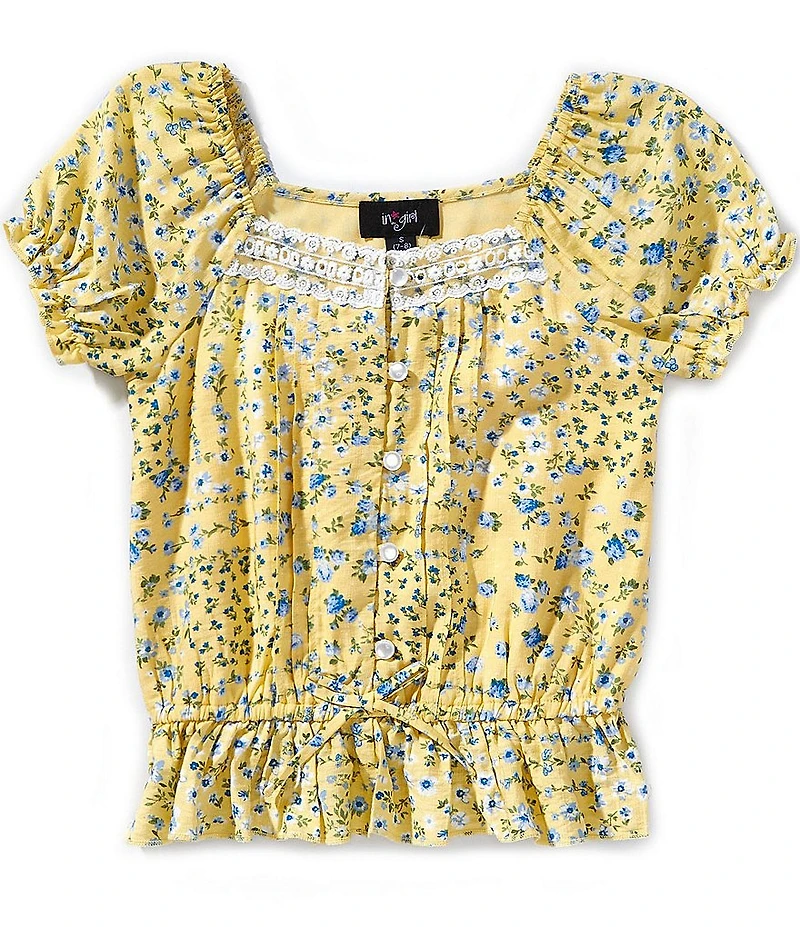I.N. Girl Big Girls Puffed Sleeve Ditsy Floral Printed Sweetheart Neckline Woven Top
