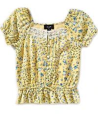 I.N. Girl Big Girls Puffed Sleeve Ditsy Floral Printed Sweetheart Neckline Woven Top
