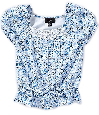I.N. Girl Big Girls Puffed Sleeve Ditsy Floral Printed Sweetheart Neckline Woven Top