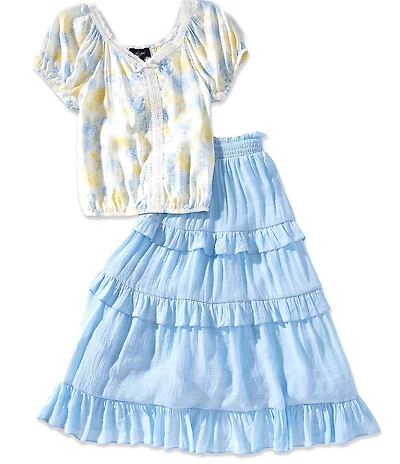 I.N. Girl Big Girls Puffed-Sleeve Printed Peasant Top & Solid Maxi Skirt Set