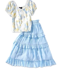 I.N. Girl Big Girls Puffed-Sleeve Printed Peasant Top & Solid Maxi Skirt Set