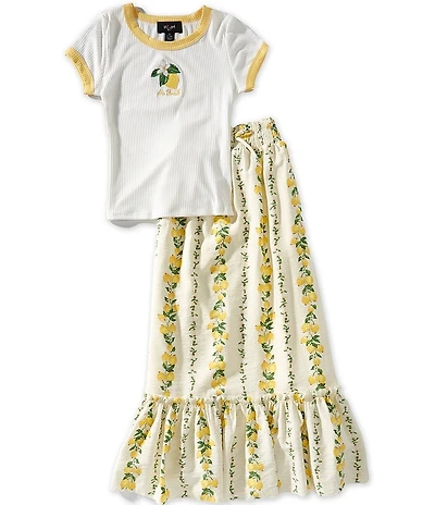 I.N. Girl Big Girls Short Sleeve Lemon Applique Raglan Ribbed Tee & Wallpaper Print Maxi Skirt Set