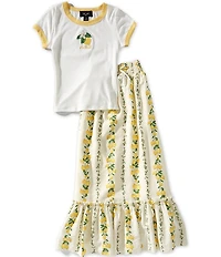 I.N. Girl Big Girls Short Sleeve Lemon Applique Raglan Ribbed Tee & Wallpaper Print Maxi Skirt Set