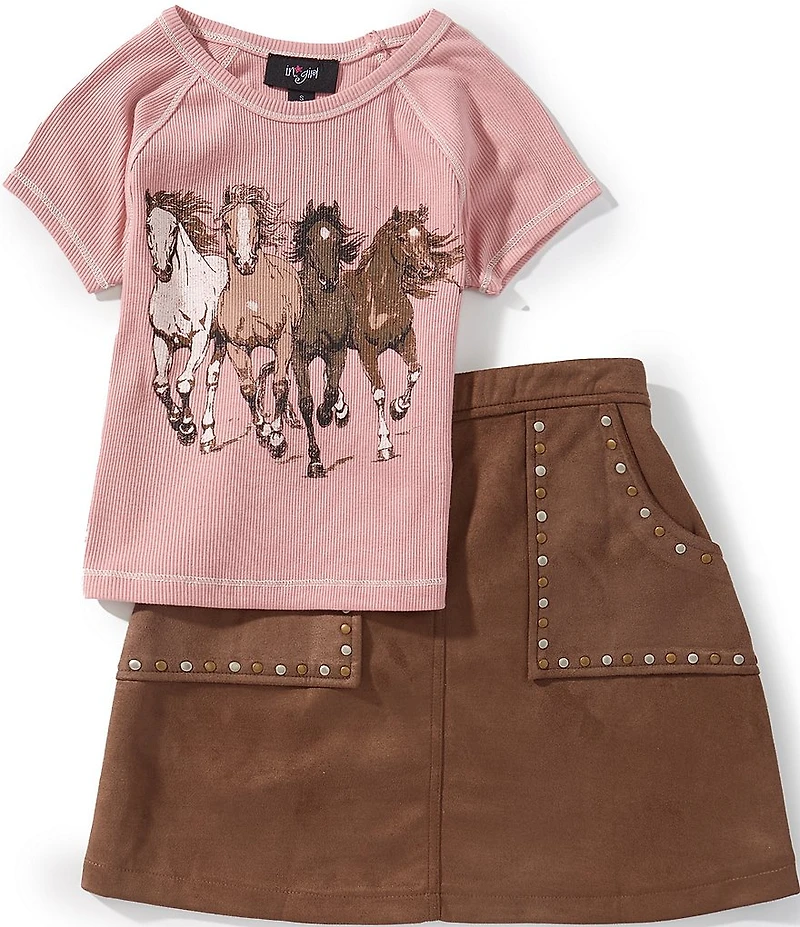 I.N. Girl Big Girls Raglan Sleeve Running Horses T-Shirt & Stud Embellished Pocket Faux Suede Skirt Set