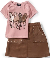 I.N. Girl Big Girls Raglan Sleeve Running Horses T-Shirt & Stud Embellished Pocket Faux Suede Skirt Set