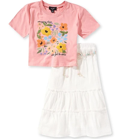 I.N. Girl Big Girls Short Sleeve Amazing Days Are Yet To Come Cropped T-Shirt & Beaded-Tie Tiered Skirt Set