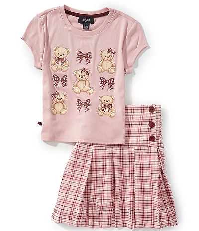 I.N. Girl Big Girls Short Sleeve Bear Printed Jersey T-Shirt & Coordinating Plaid Skirt Set