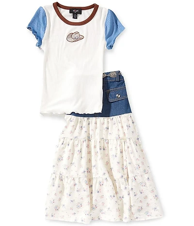 I.N. Girl Big Girls Short-Sleeve Colorblock Cowboy-Hat-Embroidered T-Shirt & Mixed-Media Skirt Set