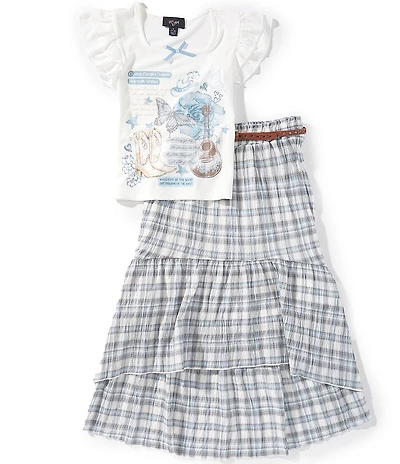 I.N. Girl Big Girls Short Sleeve Graphic T-Shirt & Plaid High Low Hem Skirt Set