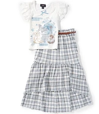 I.N. Girl Big Girls Short Sleeve Graphic T-Shirt & Plaid High Low Hem Skirt Set