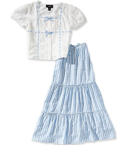 I.N. Girl Big Girls Short Sleeve Ribbon Insert Eyelet Top & Striped Three Tier Skirt Set