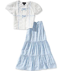 I.N. Girl Big Girls Short Sleeve Ribbon Insert Eyelet Top & Striped Three Tier Skirt Set