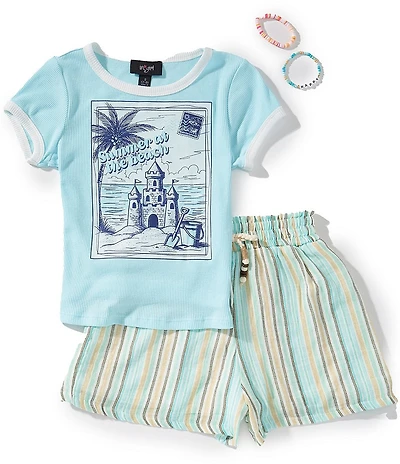 I.N. Girl Big Girls Short Sleeve Sandcastle Screenprinted T-Shirt & Striped Shorts Set