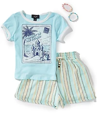 I.N. Girl Big Girls Short Sleeve Sandcastle Screenprinted T-Shirt & Striped Shorts Set