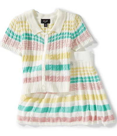 I.N. Girl Big Girls Short-Sleeve Striped Cable-Knit Sweater & Matching Skirt Set