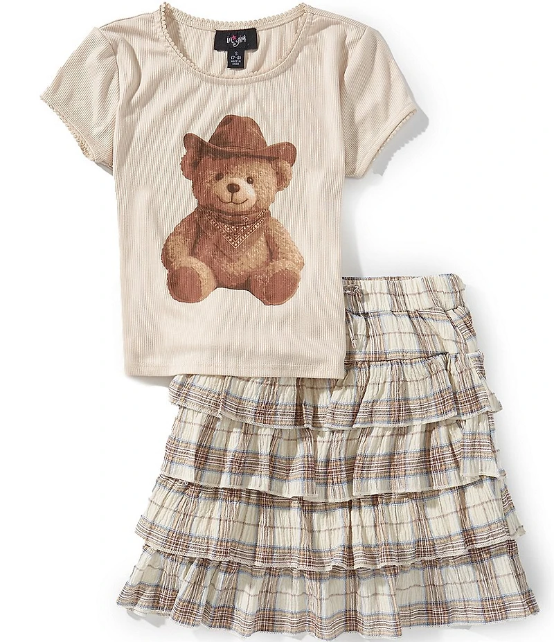I.N. Girl Big Girls Short-Sleeve Teddy T-Shirt & Printed Skirt Set