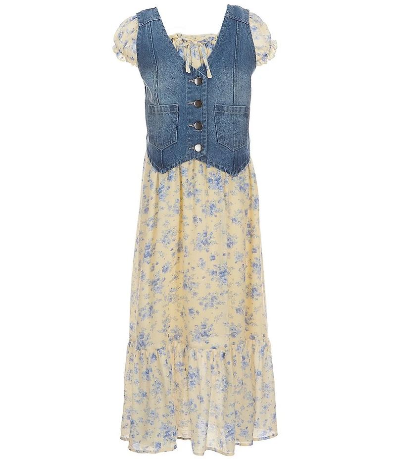 I.N. Girl Big Girls Sleeveless Patch-Pocket Denim Vest & Ruffle-Sleeve Floral-Printed Dress
