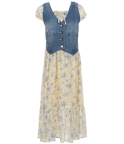 I.N. Girl Big Girls Sleeveless Patch-Pocket Denim Vest & Ruffle-Sleeve Floral-Printed Dress