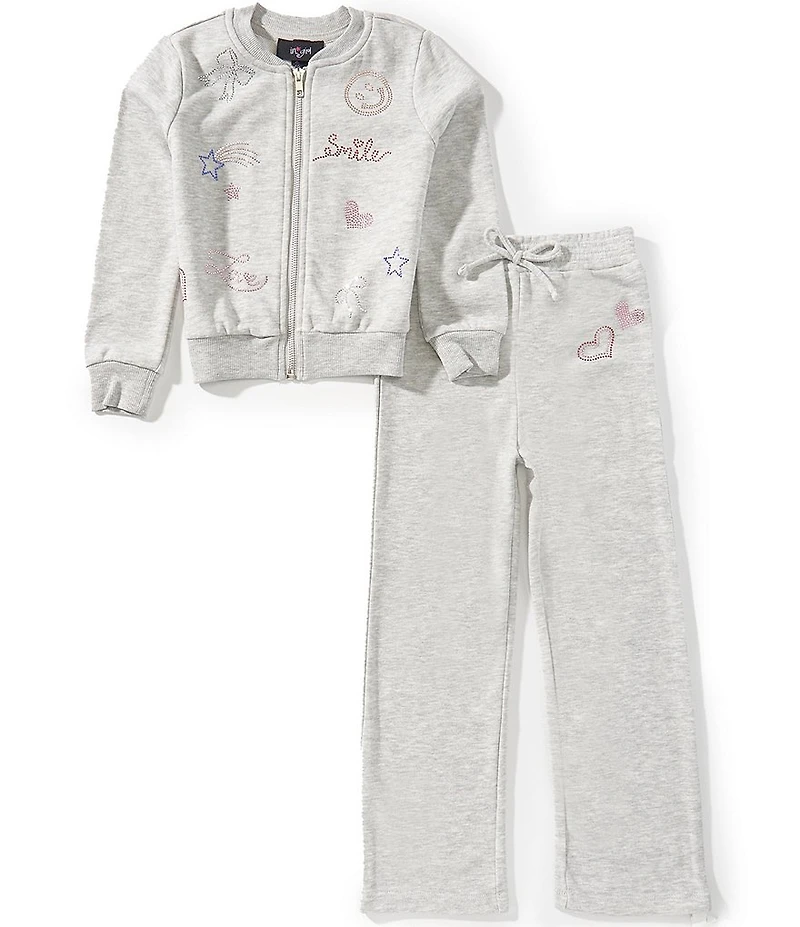 I.N. Girl French Little Girls Long-Sleeve Emoji-Printed French Terry Bomber Jacket & Solid Jogger Pant Set