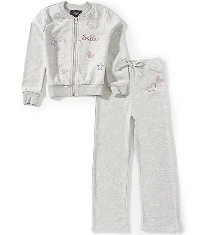 I.N. Girl French Little Girls Long-Sleeve Emoji-Printed French Terry Bomber Jacket & Solid Jogger Pant Set