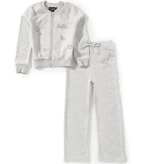 I.N. Girl French Little Girls Long-Sleeve Emoji-Printed French Terry Bomber Jacket & Solid Jogger Pant Set