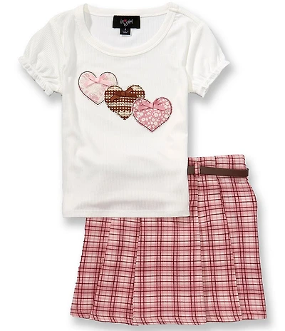I.N. Girl Little Girls Lettuce-Edge-Sleeve T-Shirt & Plaid Pleated Skirt Set