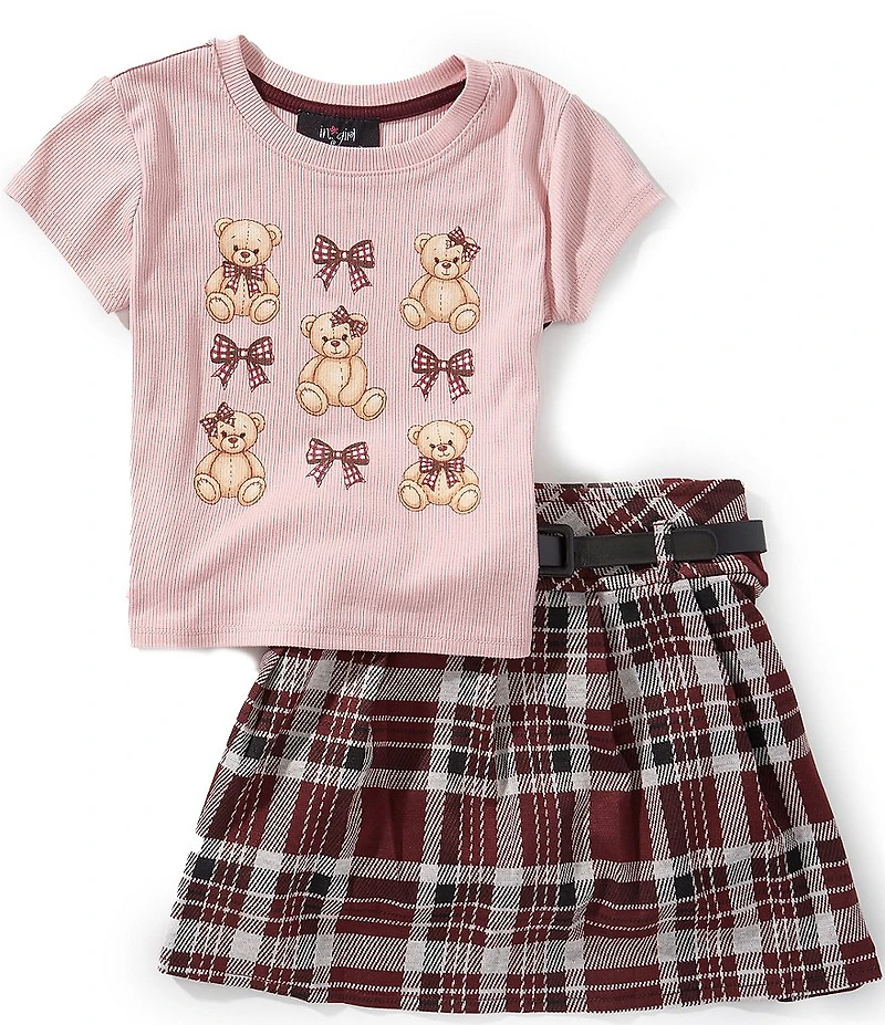 I.N. Girl Little Girls Short-Sleeve Bear/Bow Printed T-Shirt & Plaid Skirt Set